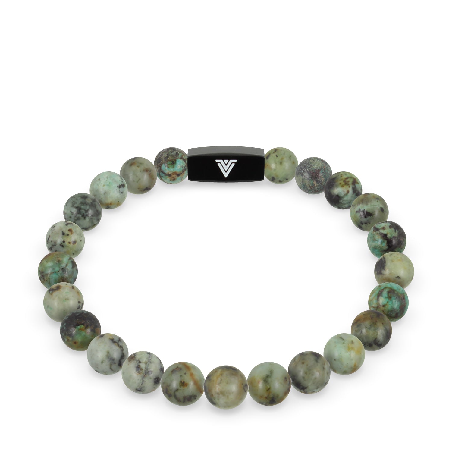 Front view of an 8mm African Turquoise crystal beaded stretch bracelet with black stainless steel logo bead made by Voltlin