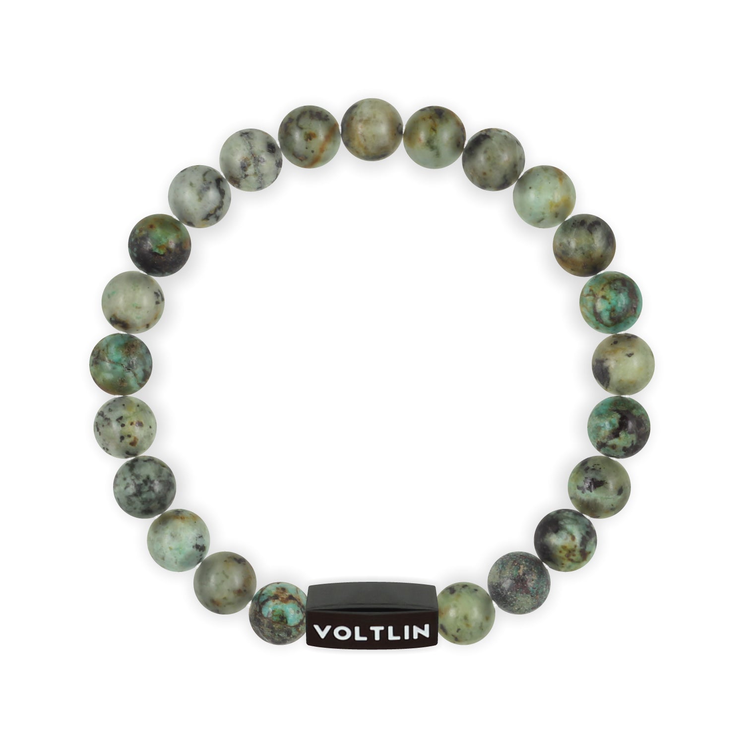 Front view of an 8mm African Turquoise crystal beaded stretch bracelet with black stainless steel logo bead made by Voltlin