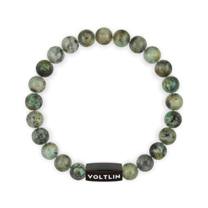 Top view of an 8mm African Turquoise crystal beaded stretch bracelet with black stainless steel logo bead made by Voltlin