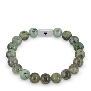 Front view of a 10 mm African Turquoise beaded stretch bracelet with silver stainless steel logo bead made by Voltlin