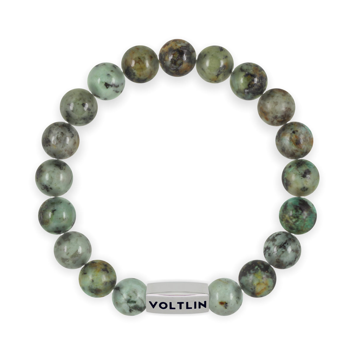 Top view of a 10 mm African Turquoise beaded stretch bracelet with silver stainless steel logo bead made by Voltlin