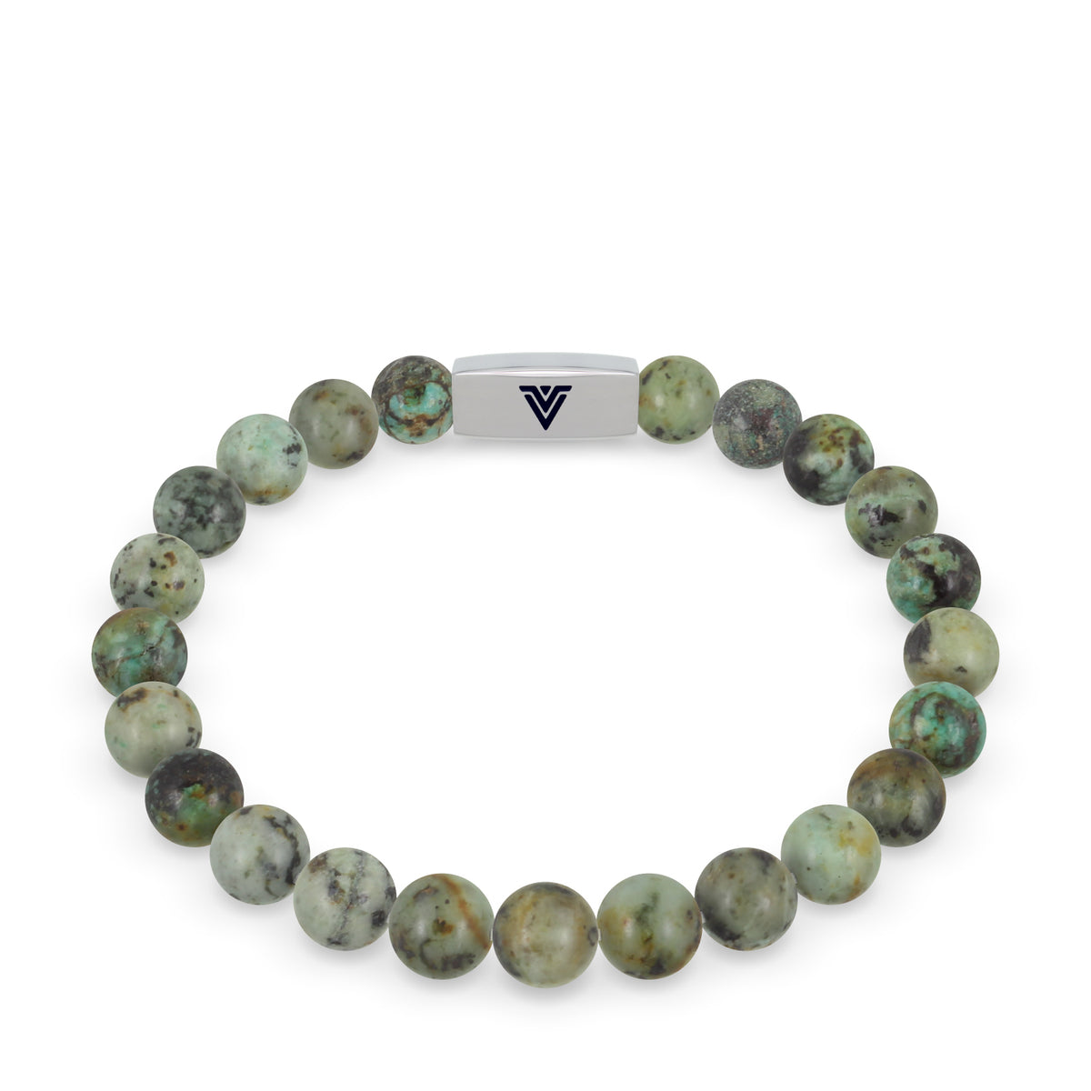 Front view of an 8mm African Turquoise beaded stretch bracelet with silver stainless steel logo bead made by Voltlin