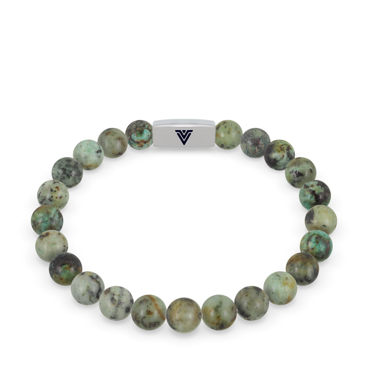 Front view of an 8mm African Turquoise beaded stretch bracelet with silver stainless steel logo bead made by Voltlin