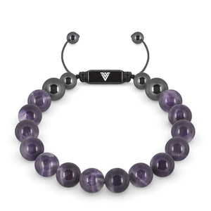 Front view of a 10mm Amethyst crystal beaded shamballa bracelet with black stainless steel logo bead made by Voltlin