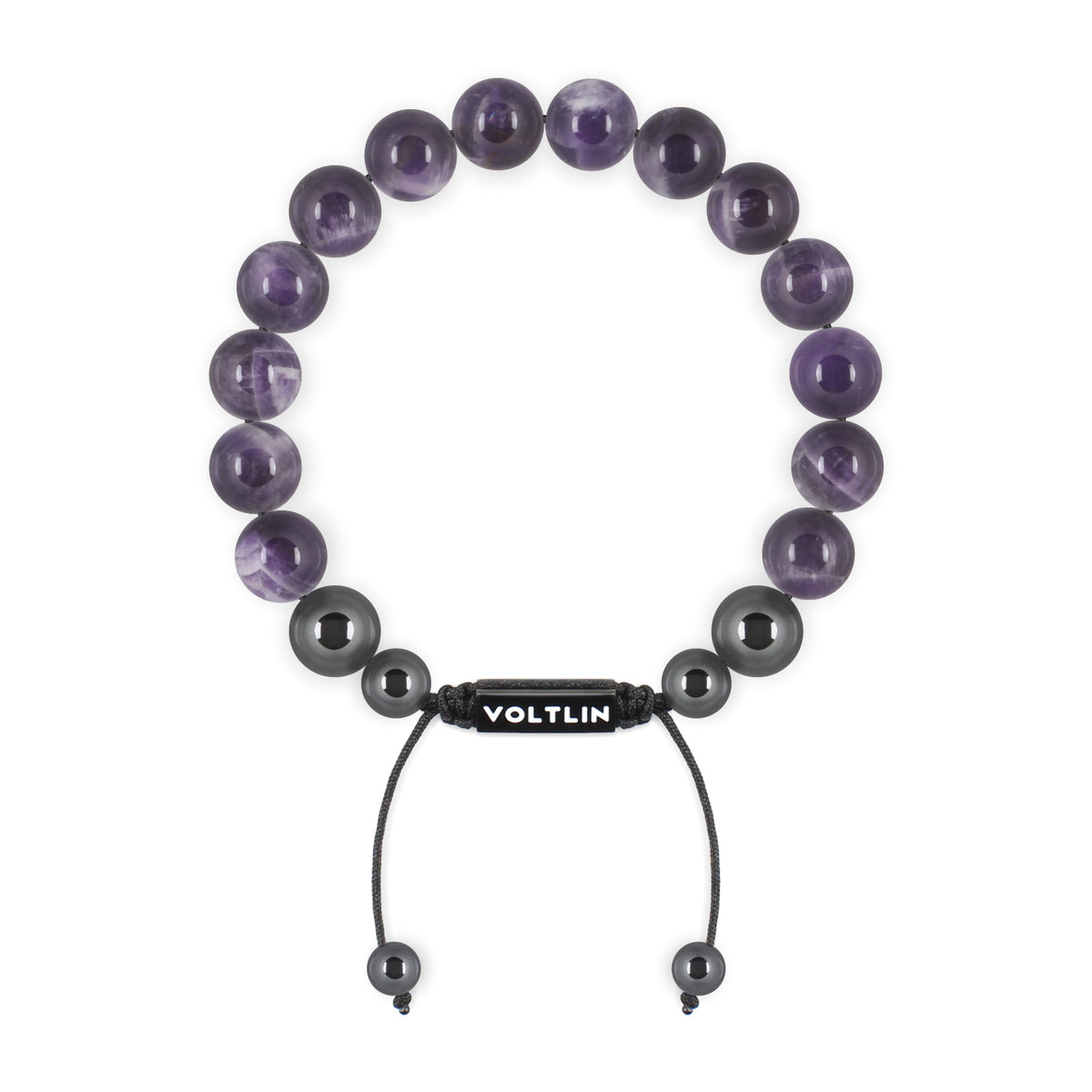 Top view of a 10mm Amethyst crystal beaded shamballa bracelet with black stainless steel logo bead made by Voltlin