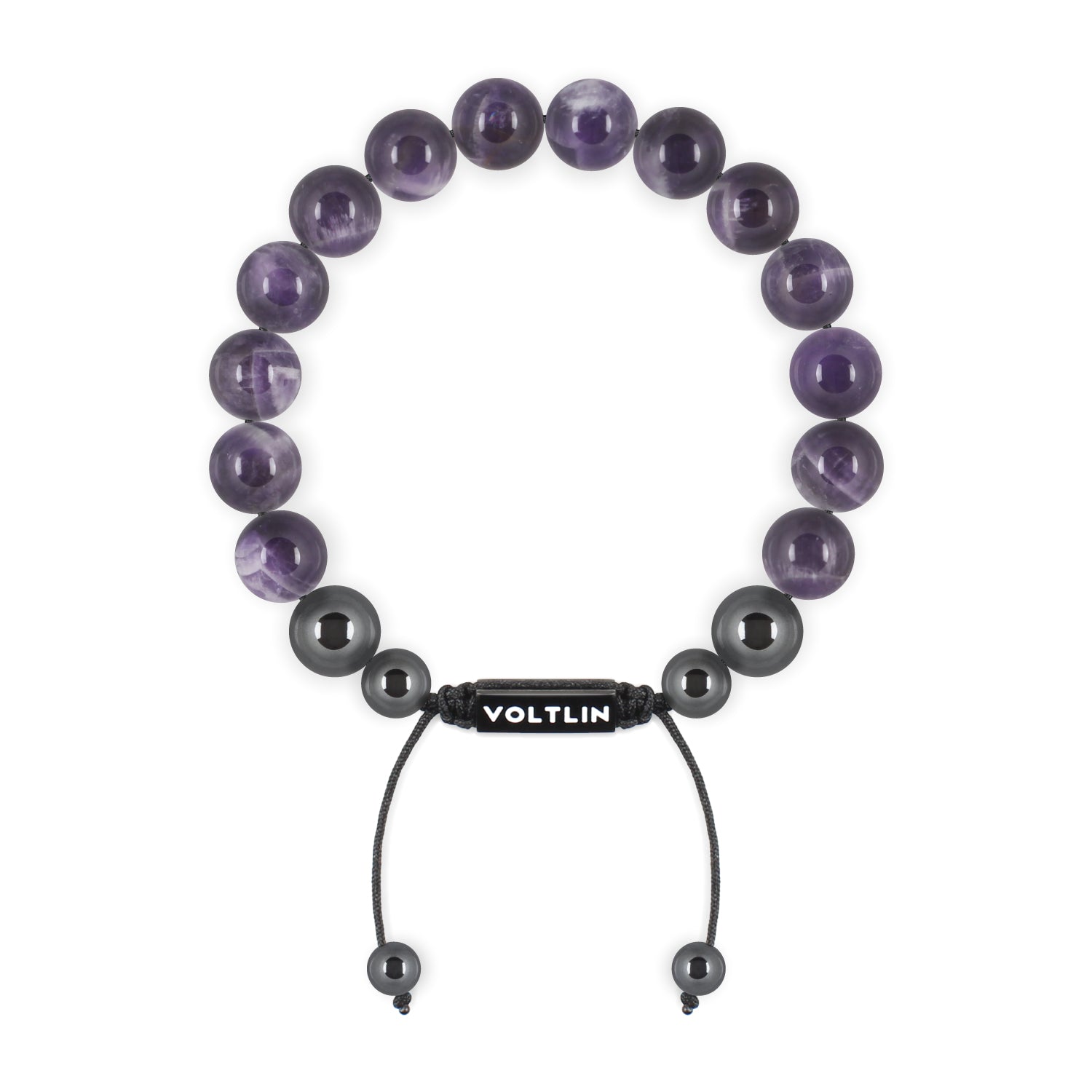 Top view of a 10mm Amethyst crystal beaded shamballa bracelet with black stainless steel logo bead made by Voltlin