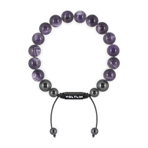 Top view of a 10mm Amethyst crystal beaded shamballa bracelet with black stainless steel logo bead made by Voltlin
