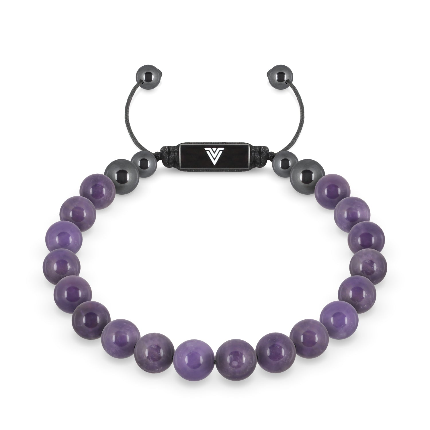 Front view of an 8mm Amethyst crystal beaded shamballa bracelet with black stainless steel logo bead made by Voltlin
