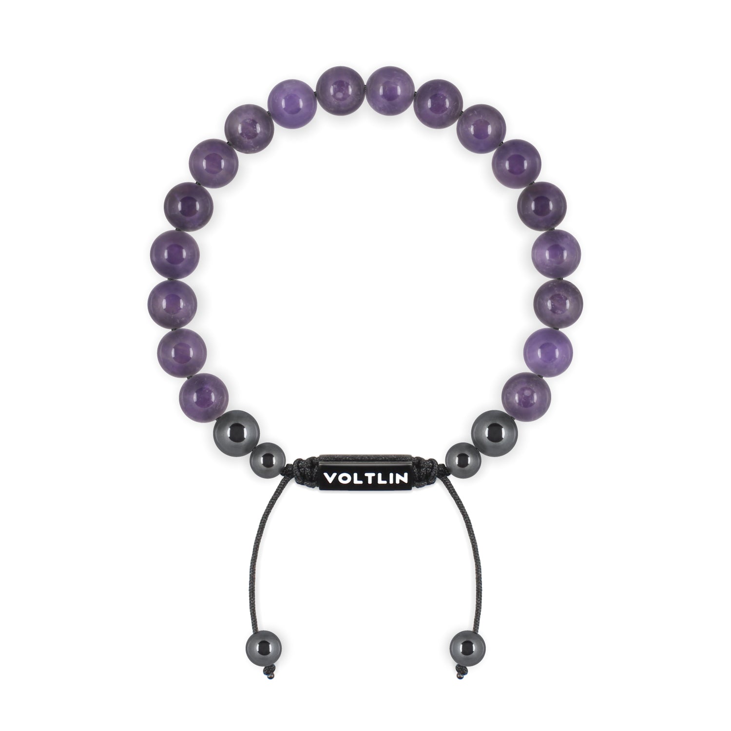 Front view of an 8mm Amethyst crystal beaded shamballa bracelet with black stainless steel logo bead made by Voltlin