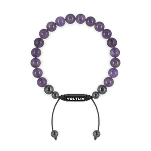 Top view of an 8mm Amethyst crystal beaded shamballa bracelet with black stainless steel logo bead made by Voltlin
