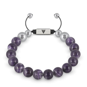 Front view of a 10mm Amethyst beaded shamballa bracelet with silver stainless steel logo bead made by Voltlin