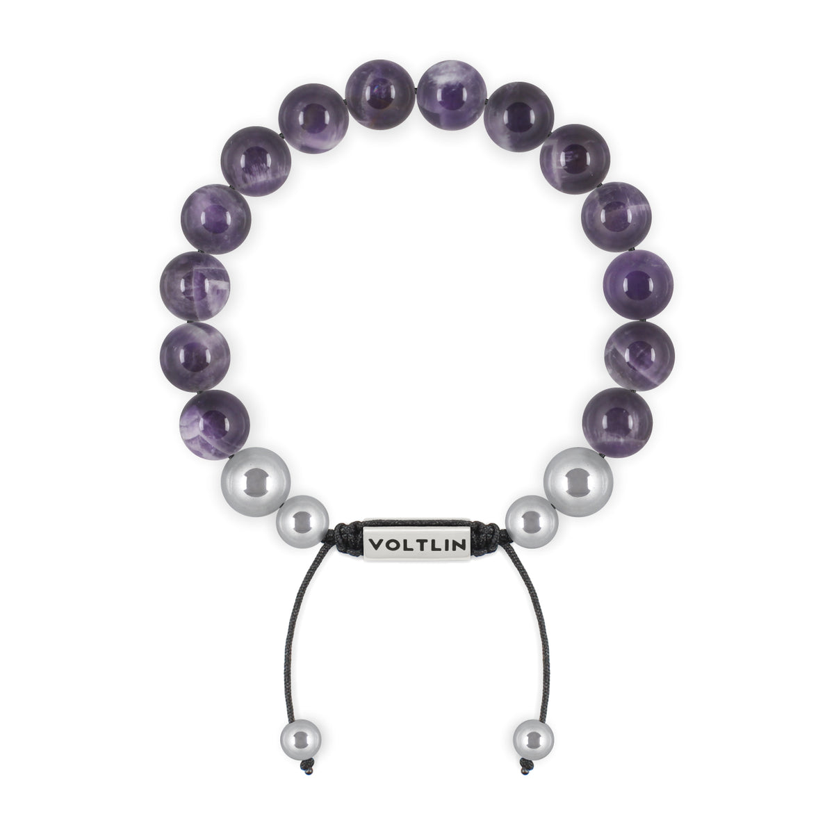 Top view of a 10mm Amethyst beaded shamballa bracelet with silver stainless steel logo bead made by Voltlin