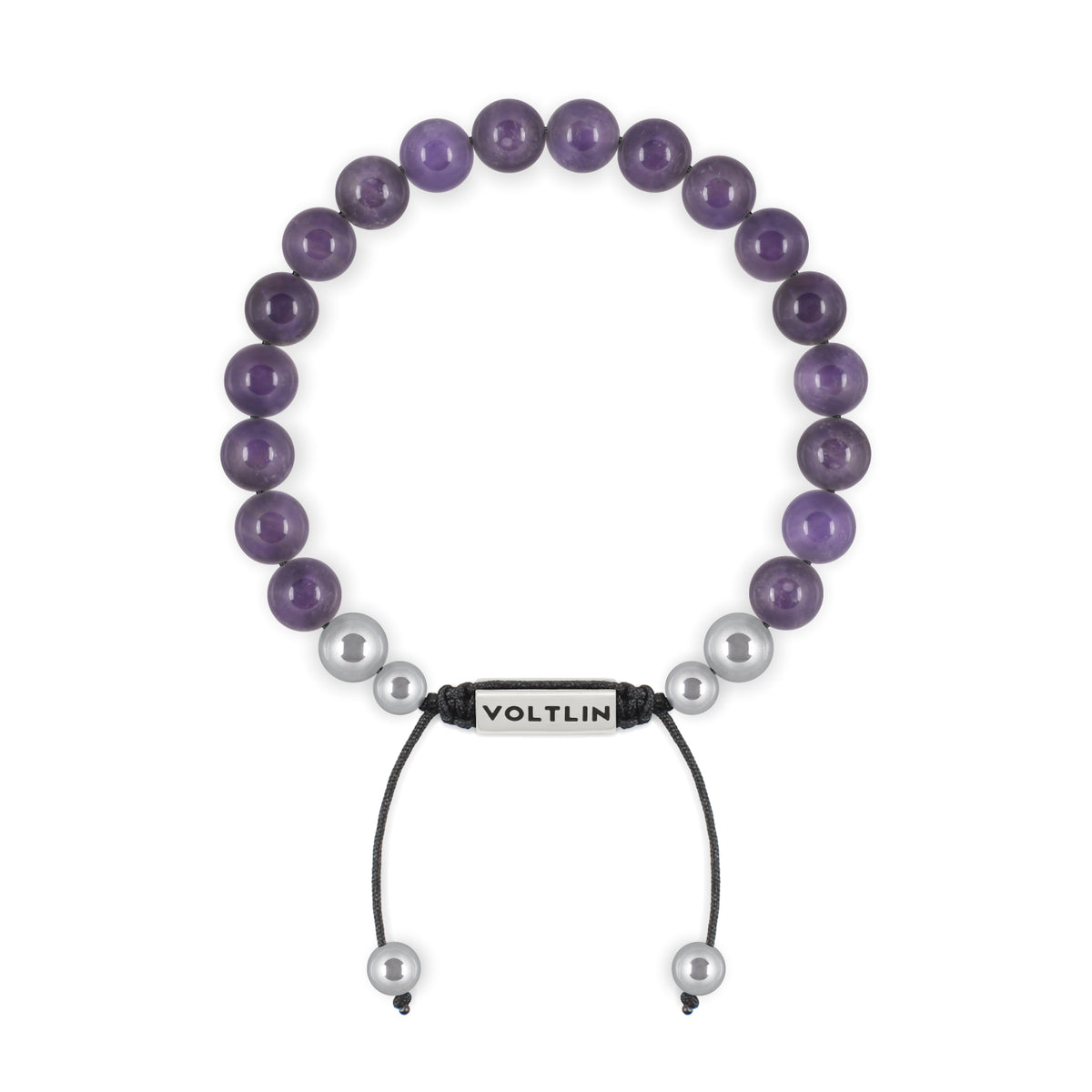 Top view of an 8mm Amethyst beaded shamballa bracelet with silver stainless steel logo bead made by Voltlin