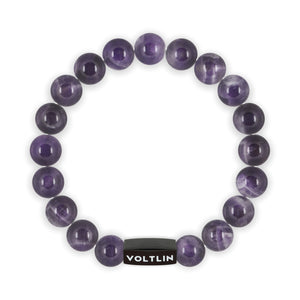 Top view of a 10mm Amethyst crystal beaded stretch bracelet with black stainless steel logo bead made by Voltlin