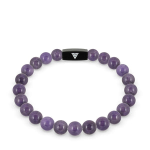 Front view of an 8mm Amethyst crystal beaded stretch bracelet with black stainless steel logo bead made by Voltlin