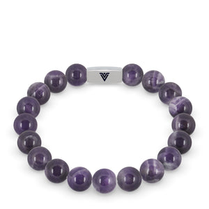 Front view of a 10mm Amethyst beaded stretch bracelet with silver stainless steel logo bead made by Voltlin