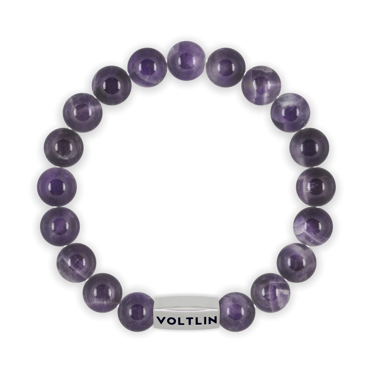 Top view of a 10mm Amethyst beaded stretch bracelet with silver stainless steel logo bead made by Voltlin