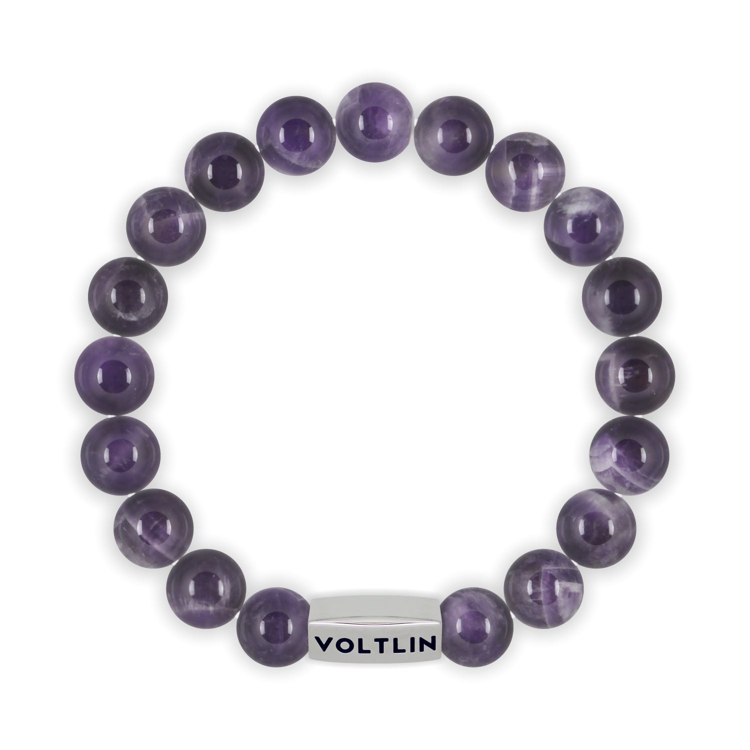 Top view of a 10mm Amethyst beaded stretch bracelet with silver stainless steel logo bead made by Voltlin