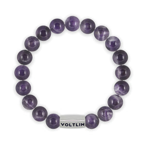 Top view of a 10mm Amethyst beaded stretch bracelet with silver stainless steel logo bead made by Voltlin
