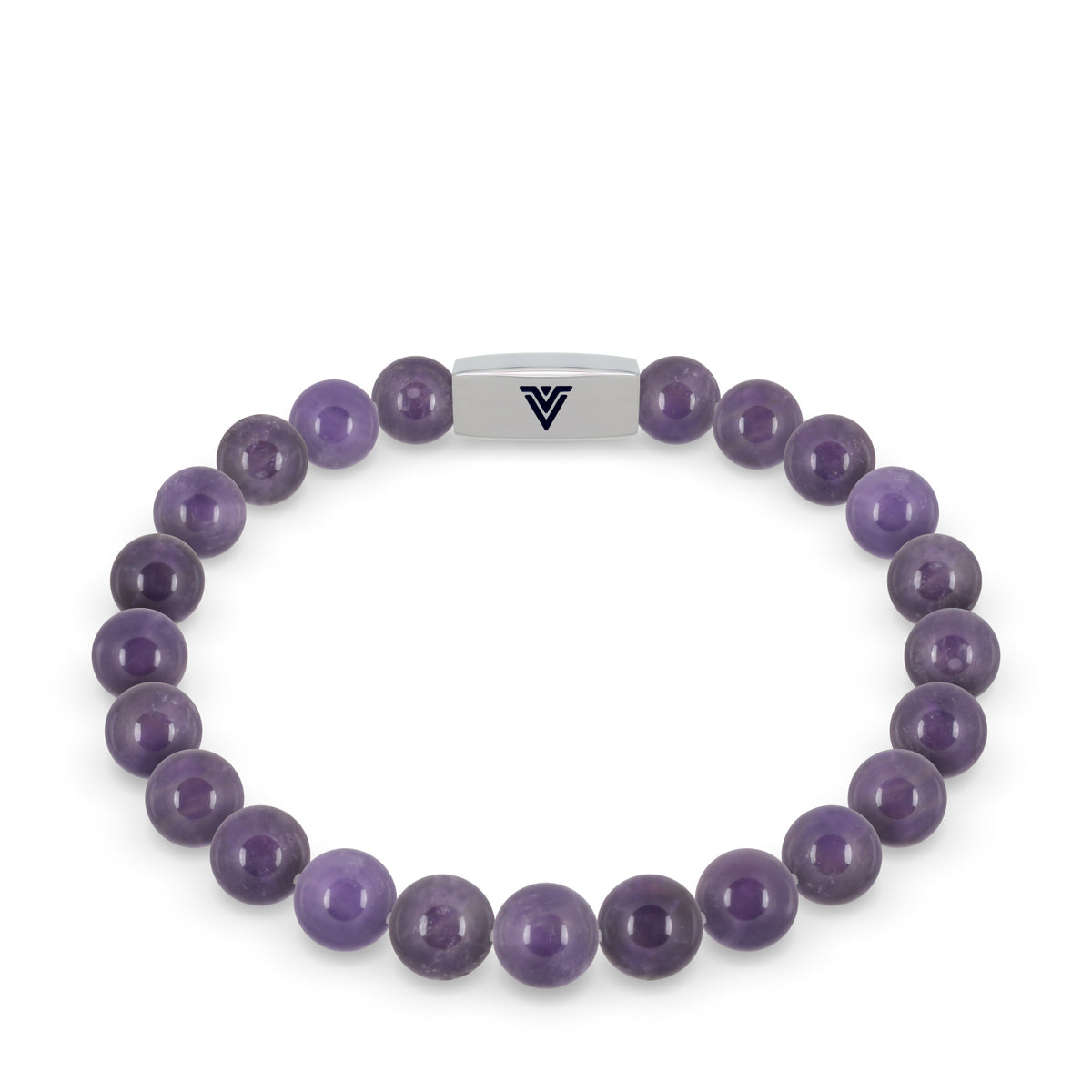 Front view of an 8mm Amethyst beaded stretch bracelet with silver stainless steel logo bead made by Voltlin