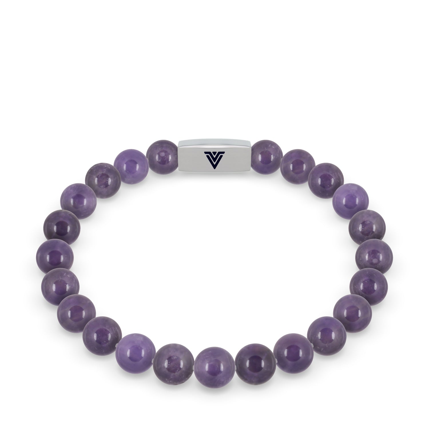 Front view of an 8mm Amethyst beaded stretch bracelet with silver stainless steel logo bead made by Voltlin