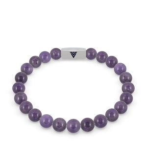 Front view of an 8mm Amethyst beaded stretch bracelet with silver stainless steel logo bead made by Voltlin