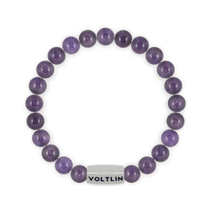  Top view of an 8mm Amethyst beaded stretch bracelet with silver stainless steel logo bead made by Voltlin