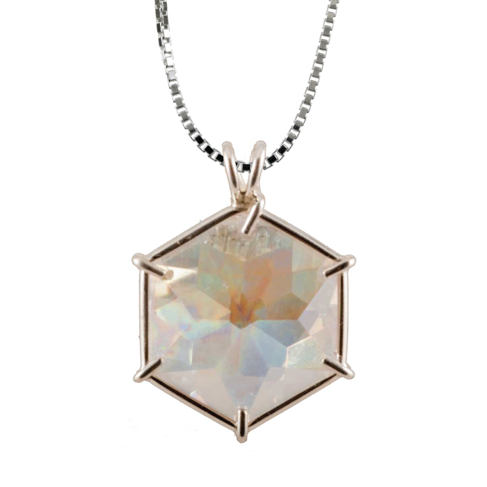 Angel Aura Quartz Flower of Life Chain Pendant Sacred Geometry Crystal Jewelry, Unisex, Sterling Silver, VOLTLIN