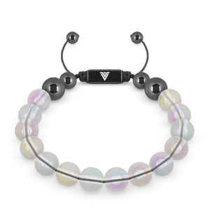 Front view of a 10mm Angel Aura Quartz crystal beaded shamballa bracelet with black stainless steel logo bead made by Voltlin