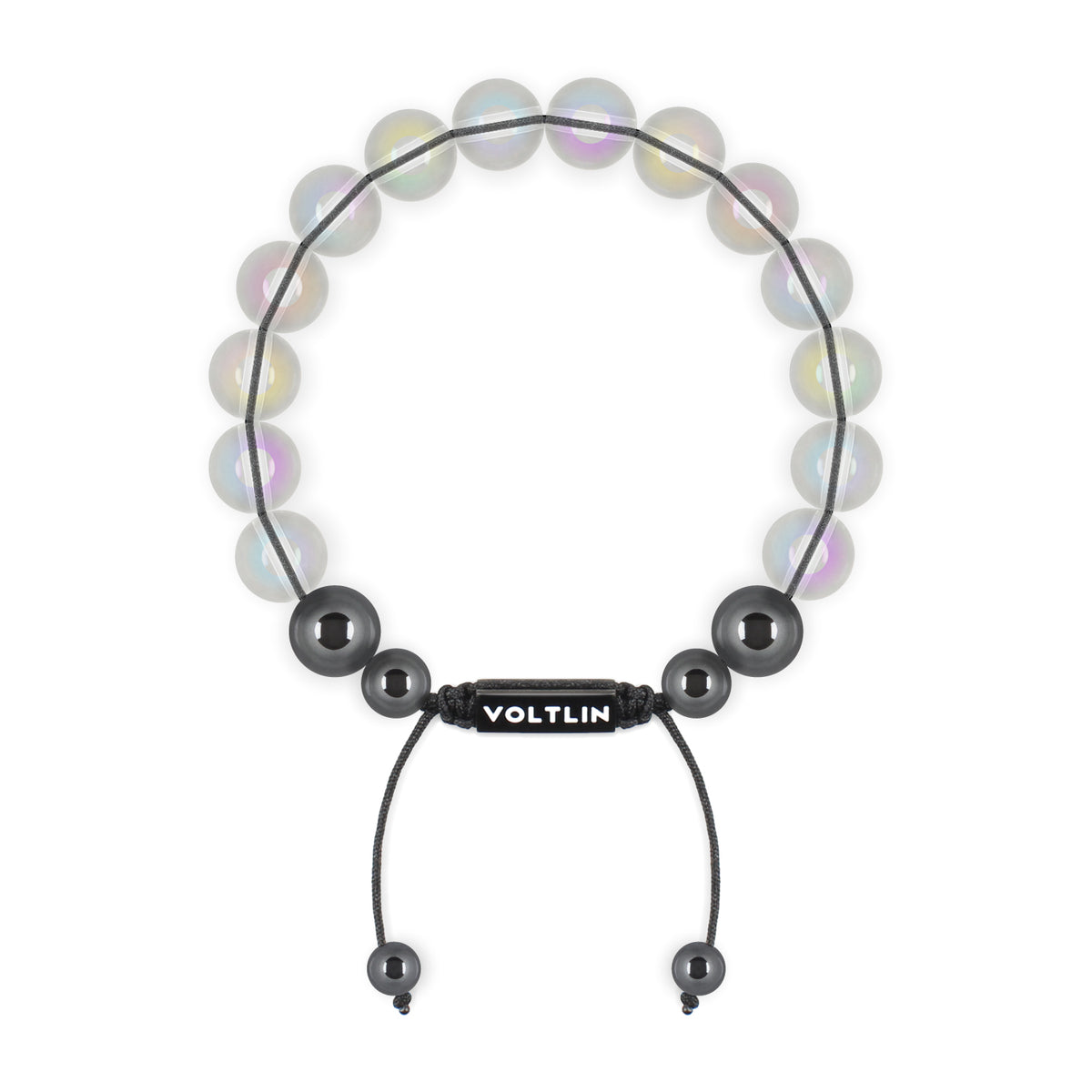 Top view of a 10mm Angel Aura Quartz crystal beaded shamballa bracelet with black stainless steel logo bead made by Voltlin