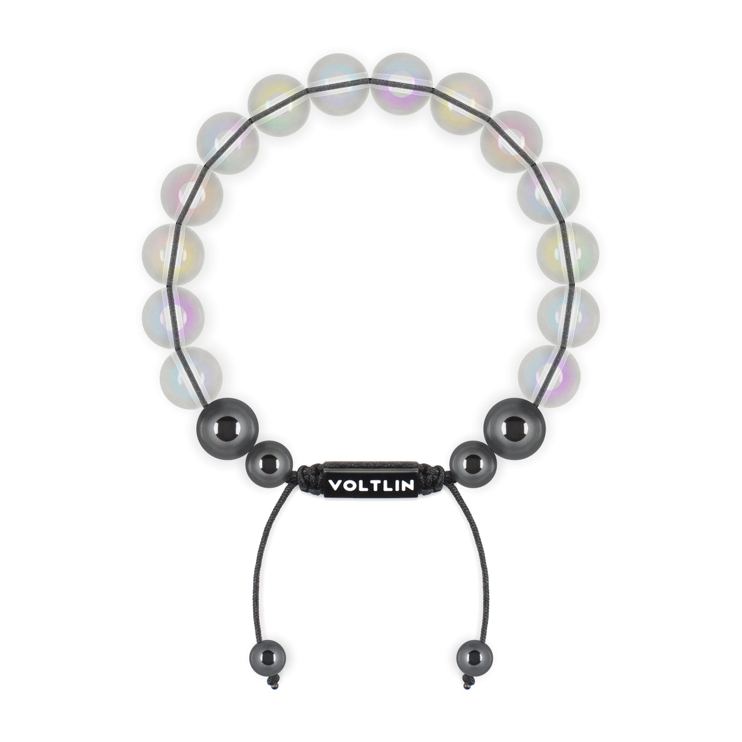 Top view of a 10mm Angel Aura Quartz crystal beaded shamballa bracelet with black stainless steel logo bead made by Voltlin