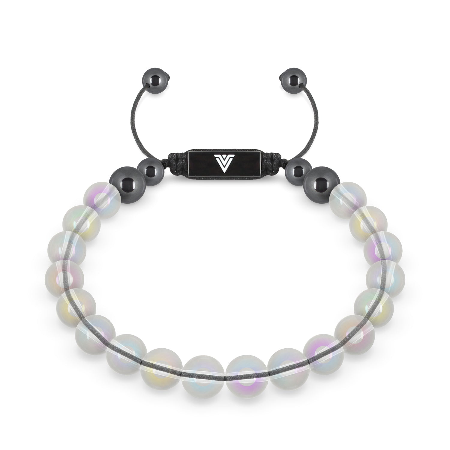 Front view of an 8mm Angel Aura Quartz crystal beaded shamballa bracelet with black stainless steel logo bead made by Voltlin