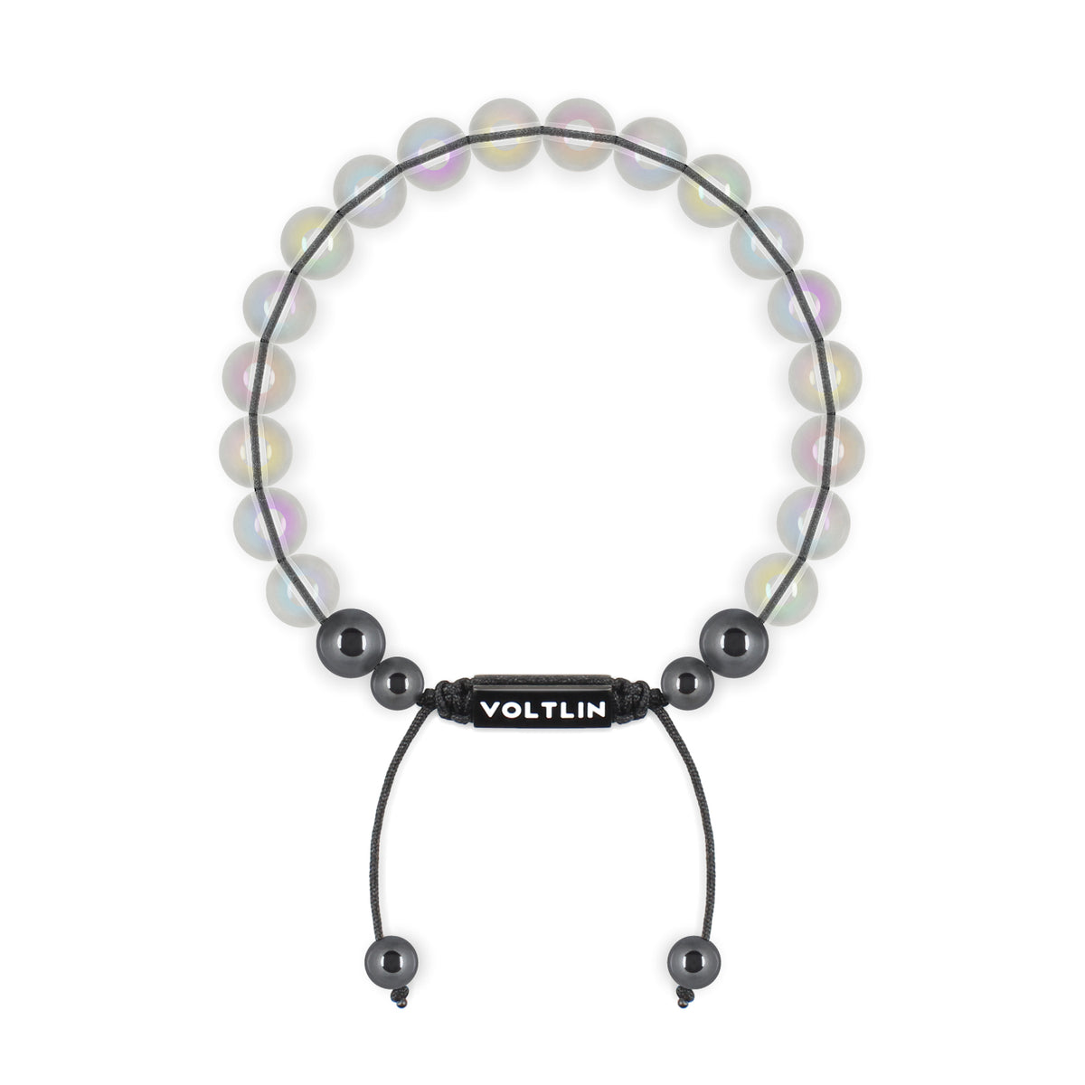Top view of an 8mm Angel Aura Quartz crystal beaded shamballa bracelet with black stainless steel logo bead made by Voltlin