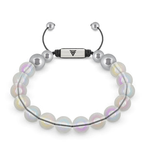 Front view of a 10mm Angel Aura Quartz beaded shamballa bracelet with silver stainless steel logo bead made by Voltlin