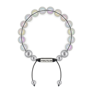 Top view of a 10mm Angel Aura Quartz beaded shamballa bracelet with silver stainless steel logo bead made by Voltlin