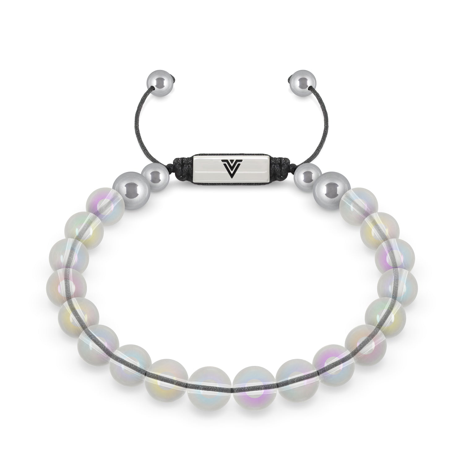Front view of an 8mm Angel Aura Quartz beaded shamballa bracelet with silver stainless steel logo bead made by Voltlin