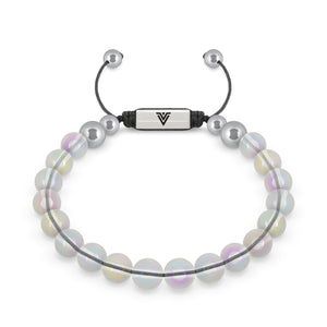 Front view of an 8mm Angel Aura Quartz beaded shamballa bracelet with silver stainless steel logo bead made by Voltlin