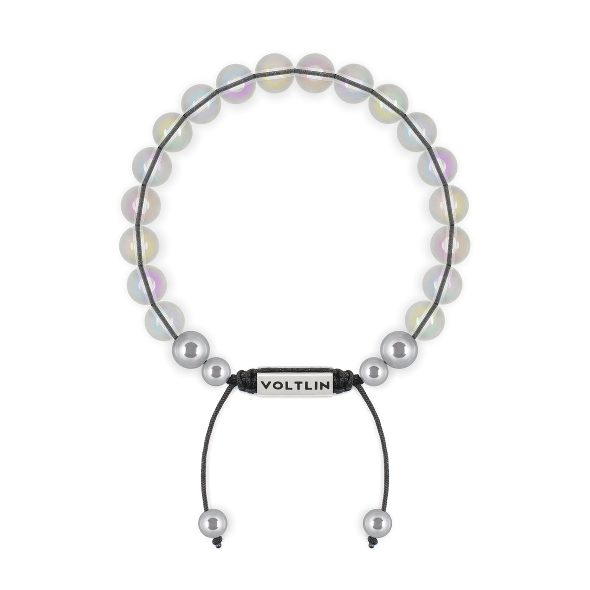 Top view of an 8mm Angel Aura Quartz beaded shamballa bracelet with silver stainless steel logo bead made by Voltlin