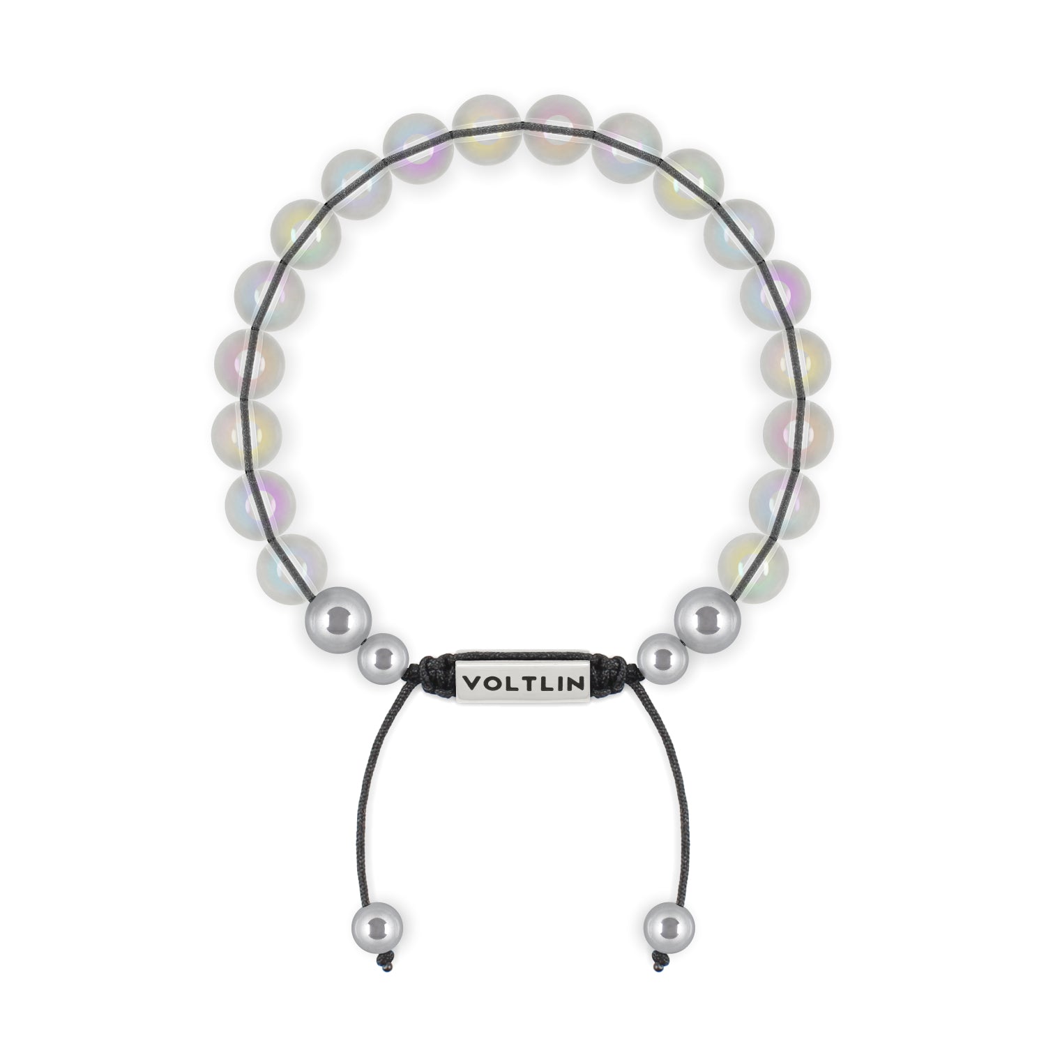 Front view of an 8mm Angel Aura Quartz beaded shamballa bracelet with silver stainless steel logo bead made by Voltlin