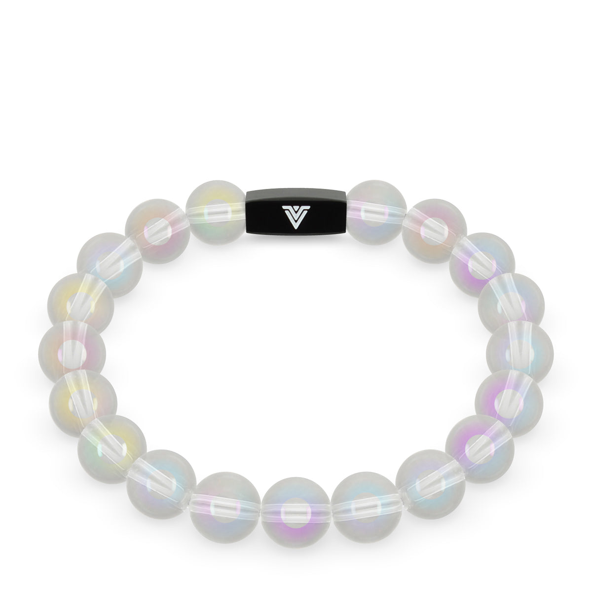 Front view of a 10mm Angel Aura Quartz crystal beaded stretch bracelet with black stainless steel logo bead made by Voltlin