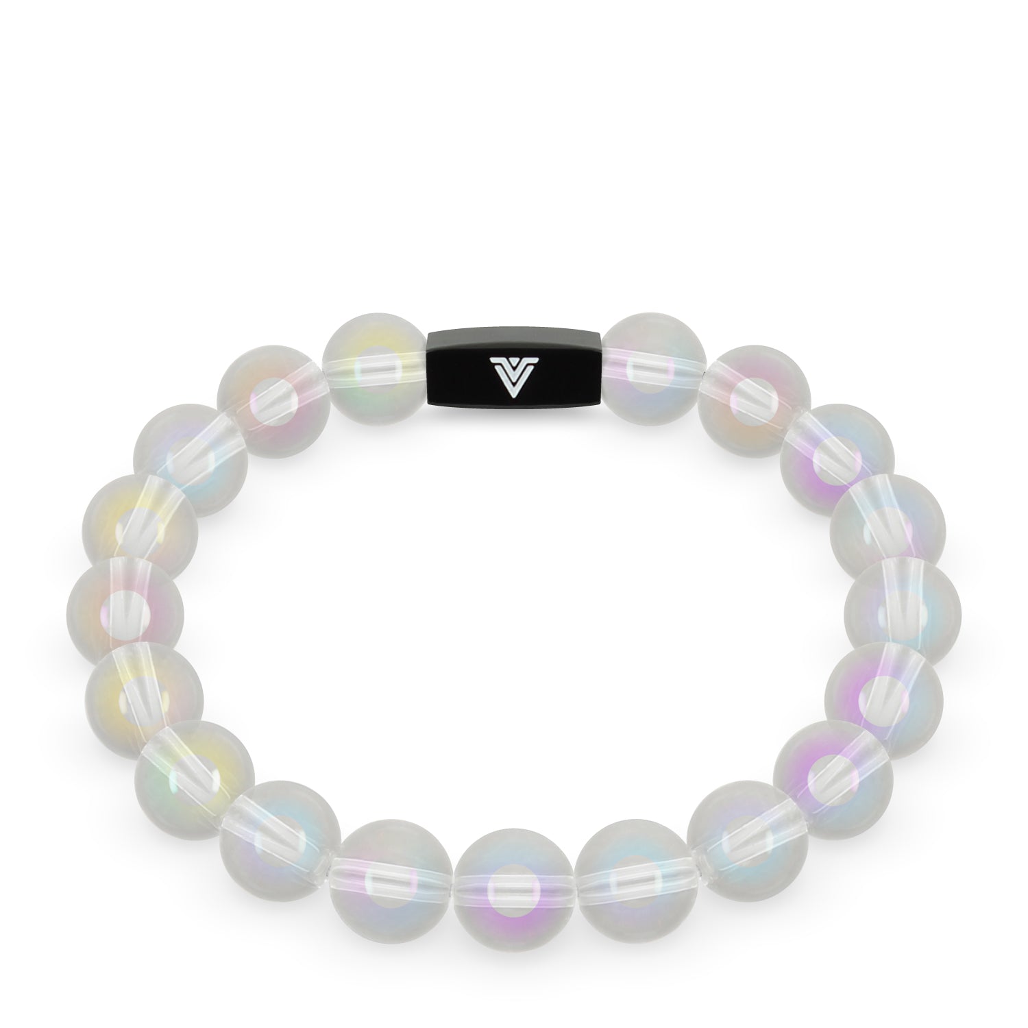 Front view of a 10mm Angel Aura Quartz crystal beaded stretch bracelet with black stainless steel logo bead made by Voltlin