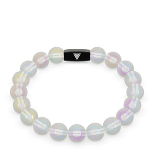 Front view of a 10mm Angel Aura Quartz crystal beaded stretch bracelet with black stainless steel logo bead made by Voltlin