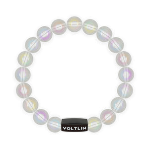 Top view of a 10mm Angel Aura Quartz crystal beaded stretch bracelet with black stainless steel logo bead made by Voltlin