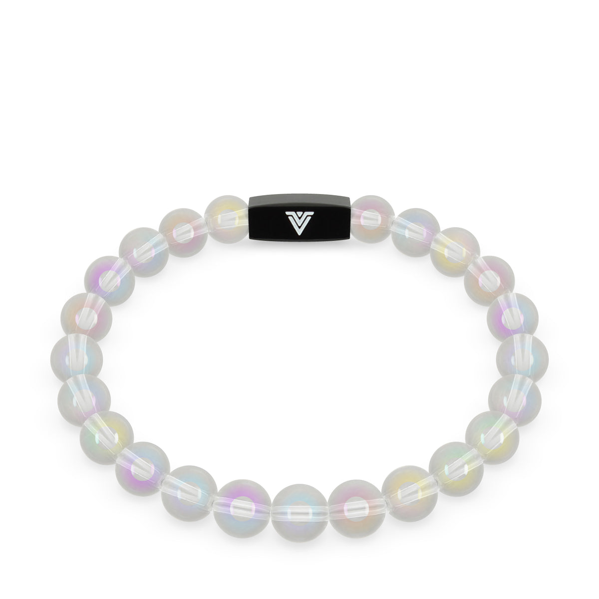 Front view of an 8mm Angel Aura Quartz crystal beaded stretch bracelet with black stainless steel logo bead made by Voltlin