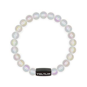 Top view of an 8mm Angel Aura Quartz crystal beaded stretch bracelet with black stainless steel logo bead made by Voltlin