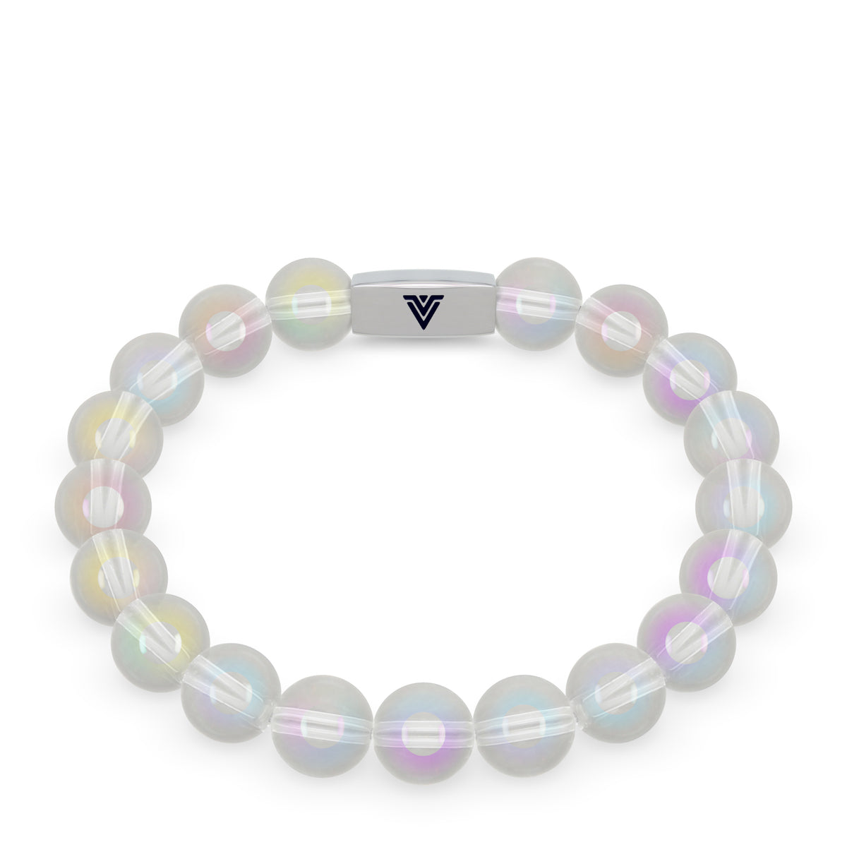 Front view of a 10mm Angel Aura Quartz beaded stretch bracelet with silver stainless steel logo bead made by Voltlin