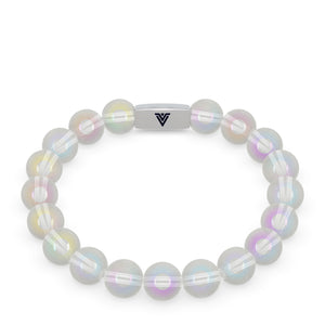 Front view of a 10mm Angel Aura Quartz beaded stretch bracelet with silver stainless steel logo bead made by Voltlin