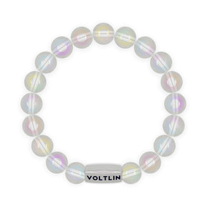 Top view of a 10mm Angel Aura Quartz beaded stretch bracelet with silver stainless steel logo bead made by Voltlin