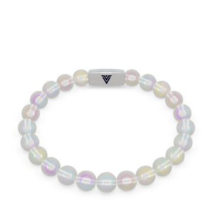 Front view of an 8mm Angel Aura Quartz beaded stretch bracelet with silver stainless steel logo bead made by Voltlin