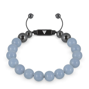 Front view of a 10mm Angelite crystal beaded shamballa bracelet with black stainless steel logo bead made by Voltlin